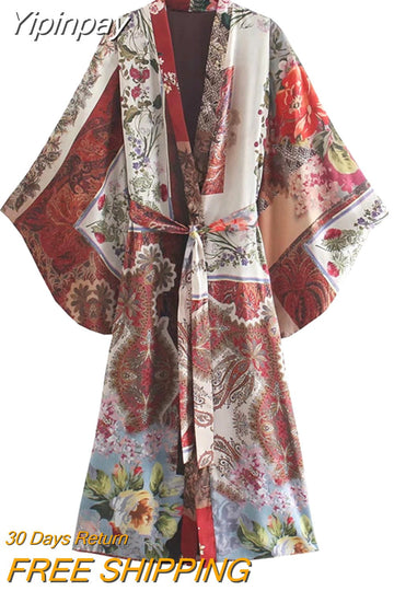 Yipinpay Women Blouse Patchwork Long Woman Kimono Vintage Print Belt Long Sleeve Kimonos Summer 2023 Japanese Beach Kimono Top